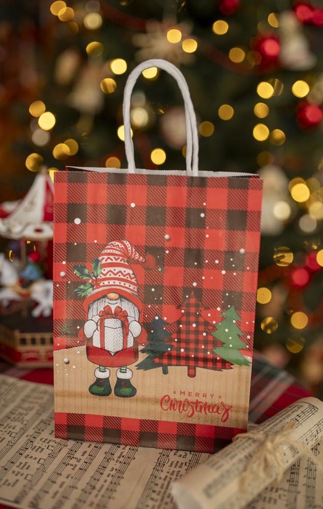 Torba Papierowa z uchwytem skręcanym 210x80x150mm czerwona krata wzór Świąteczny 4sztszt.