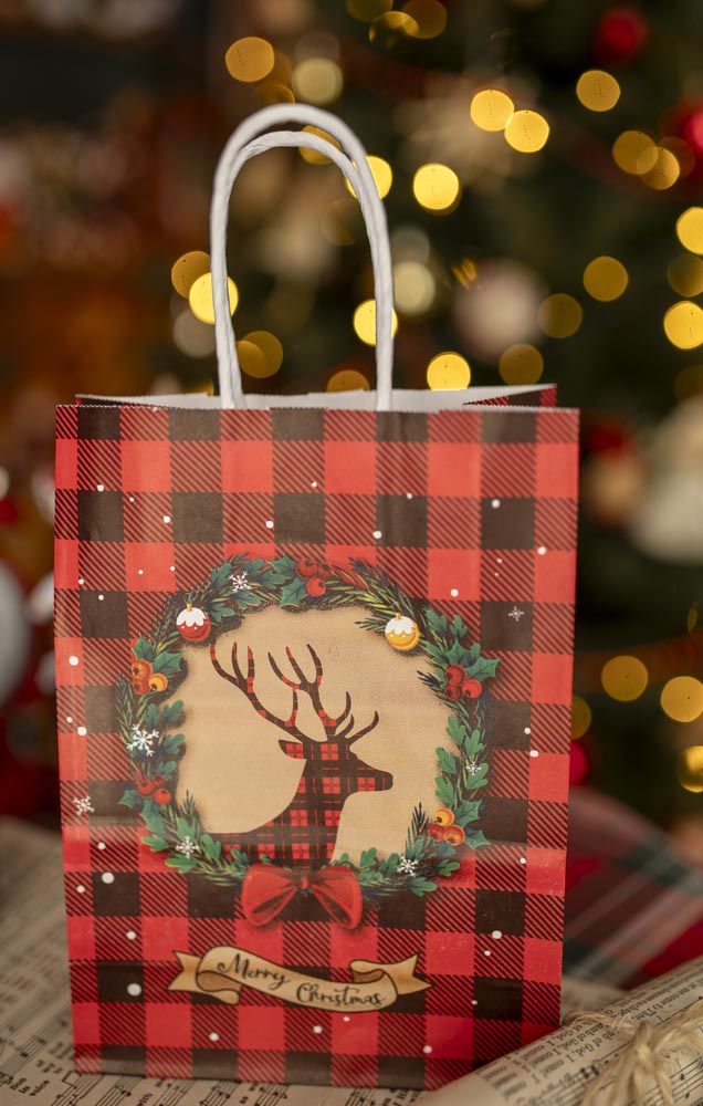Torba Papierowa z uchwytem skręcanym 210x80x150mm czerwona krata wzór Świąteczny 4sztszt.