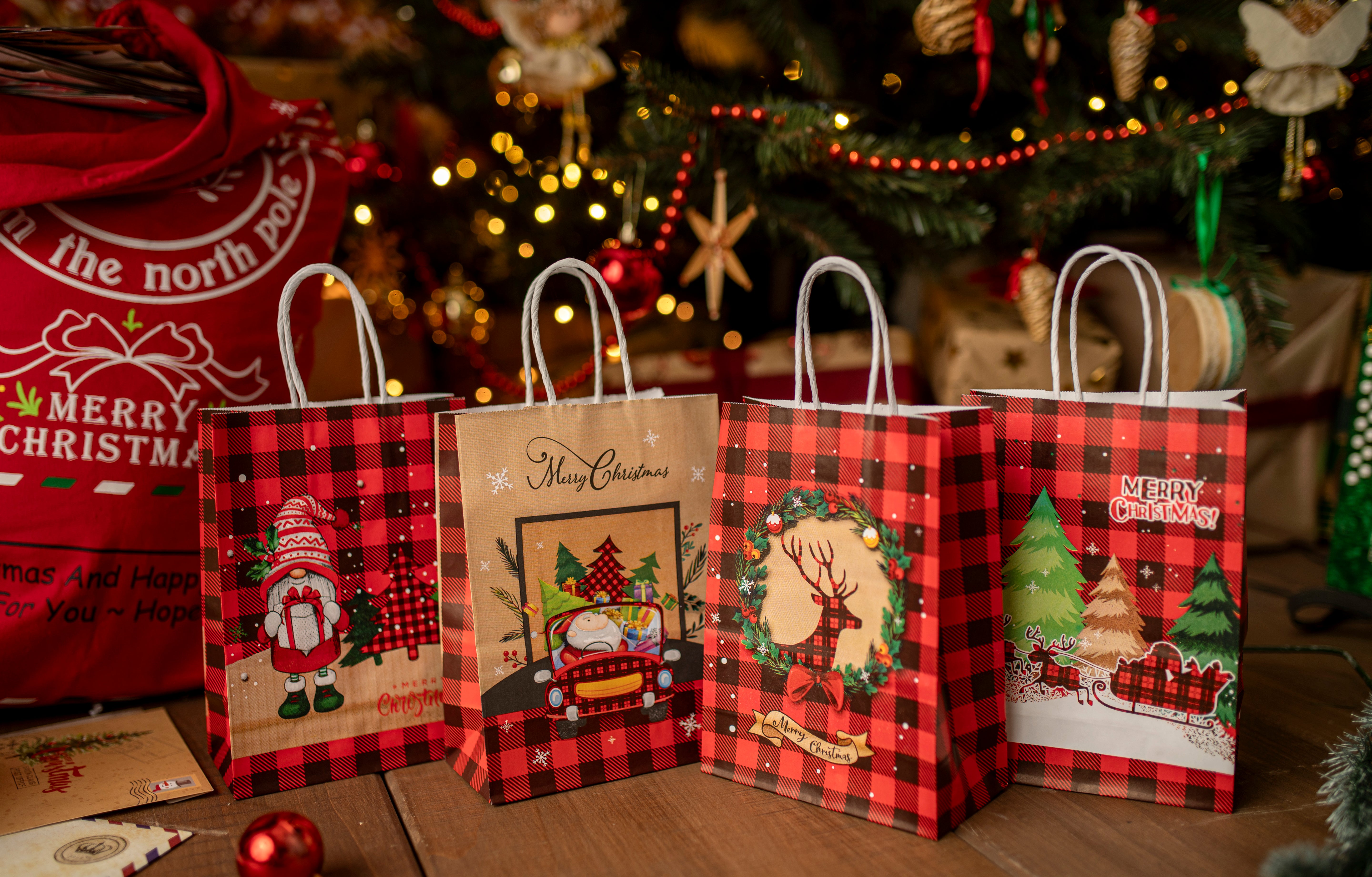 Torba Papierowa z uchwytem skręcanym 270x110x210mm czerwona krata wzór Świąteczny 4szt.