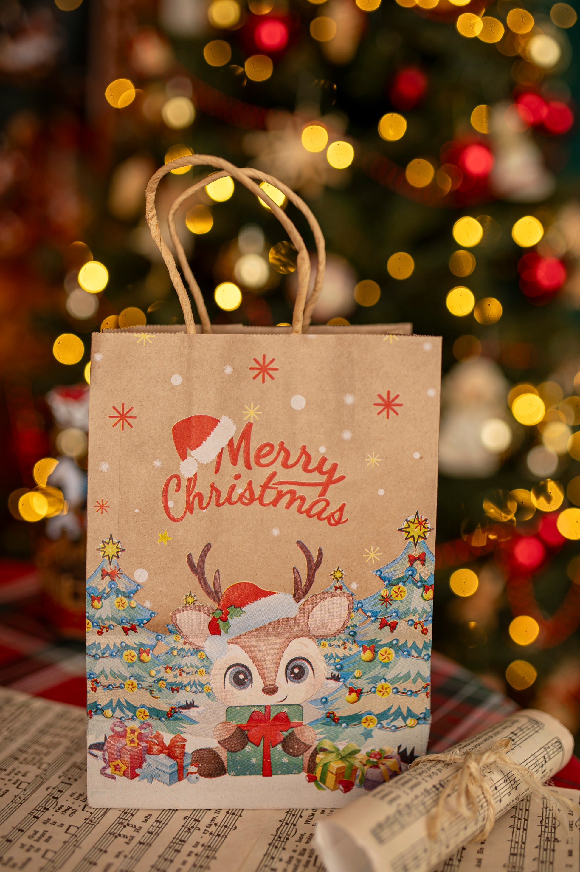 Torba Papierowa z uchwytem skręcanym 210x80x150mm brązowa wzór Świąteczny 4szt.