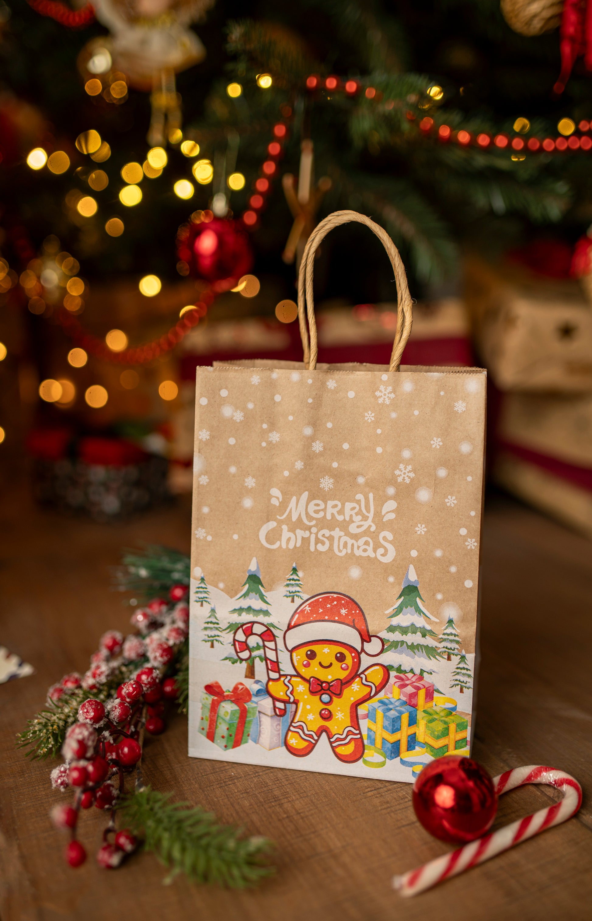 Torba Papierowa z uchwytem skręcanym 210x80x150mm brązowa wzór Świąteczny 4szt.