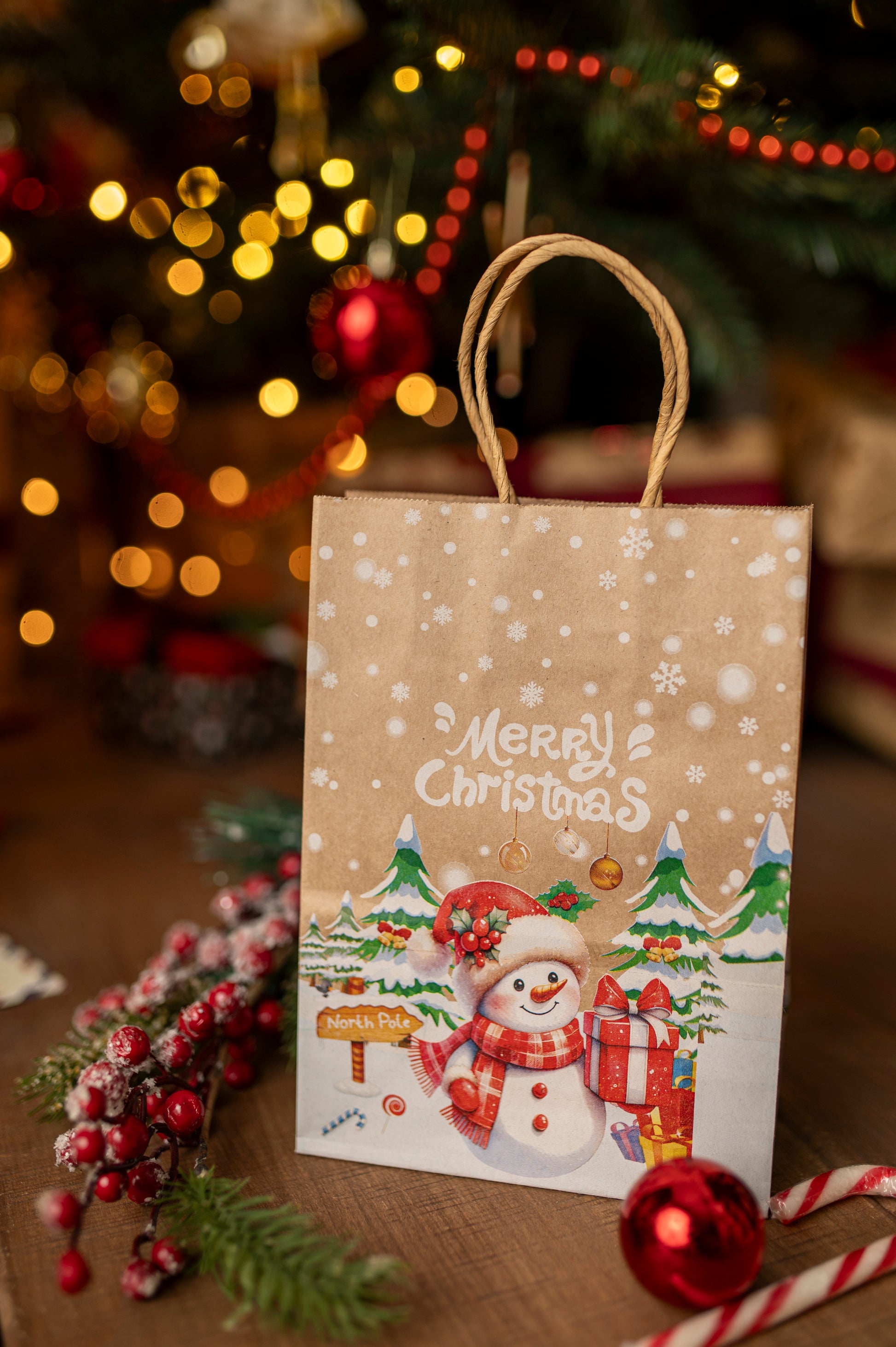 Torba Papierowa z uchwytem skręcanym 210x80x150mm brązowa wzór Świąteczny 4szt.