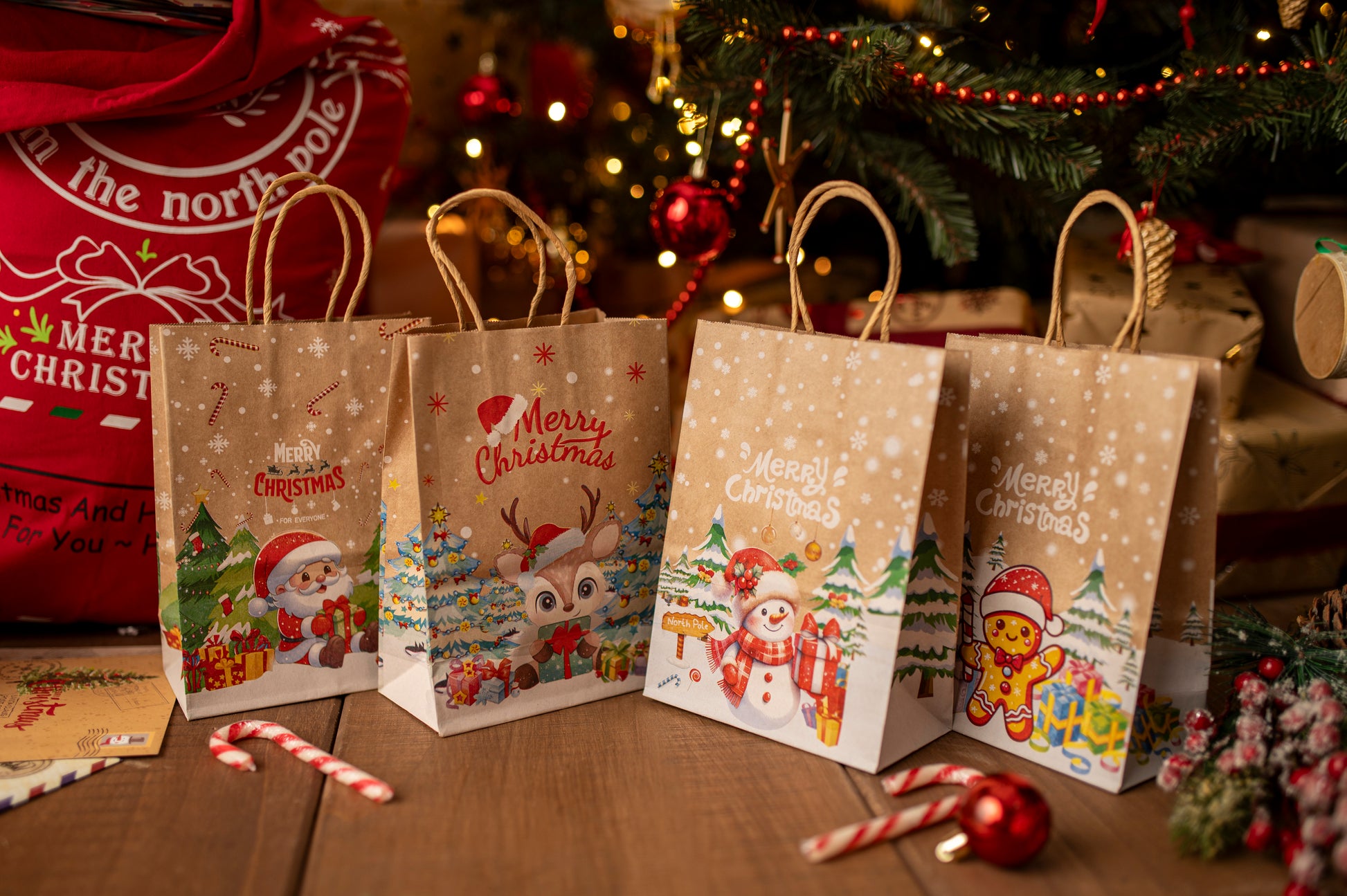Torba Papierowa z uchwytem skręcanym 210x80x150mm brązowa wzór Świąteczny 4szt.