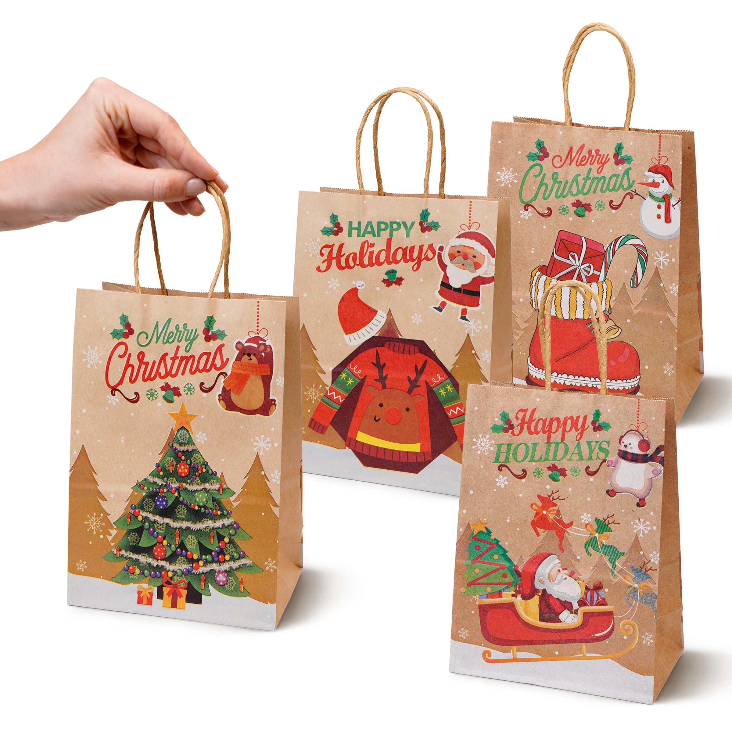 Torba Papierowa z uchwytem skręcanym 210x80x150mm brązowa wzór Świąteczny 4szt.