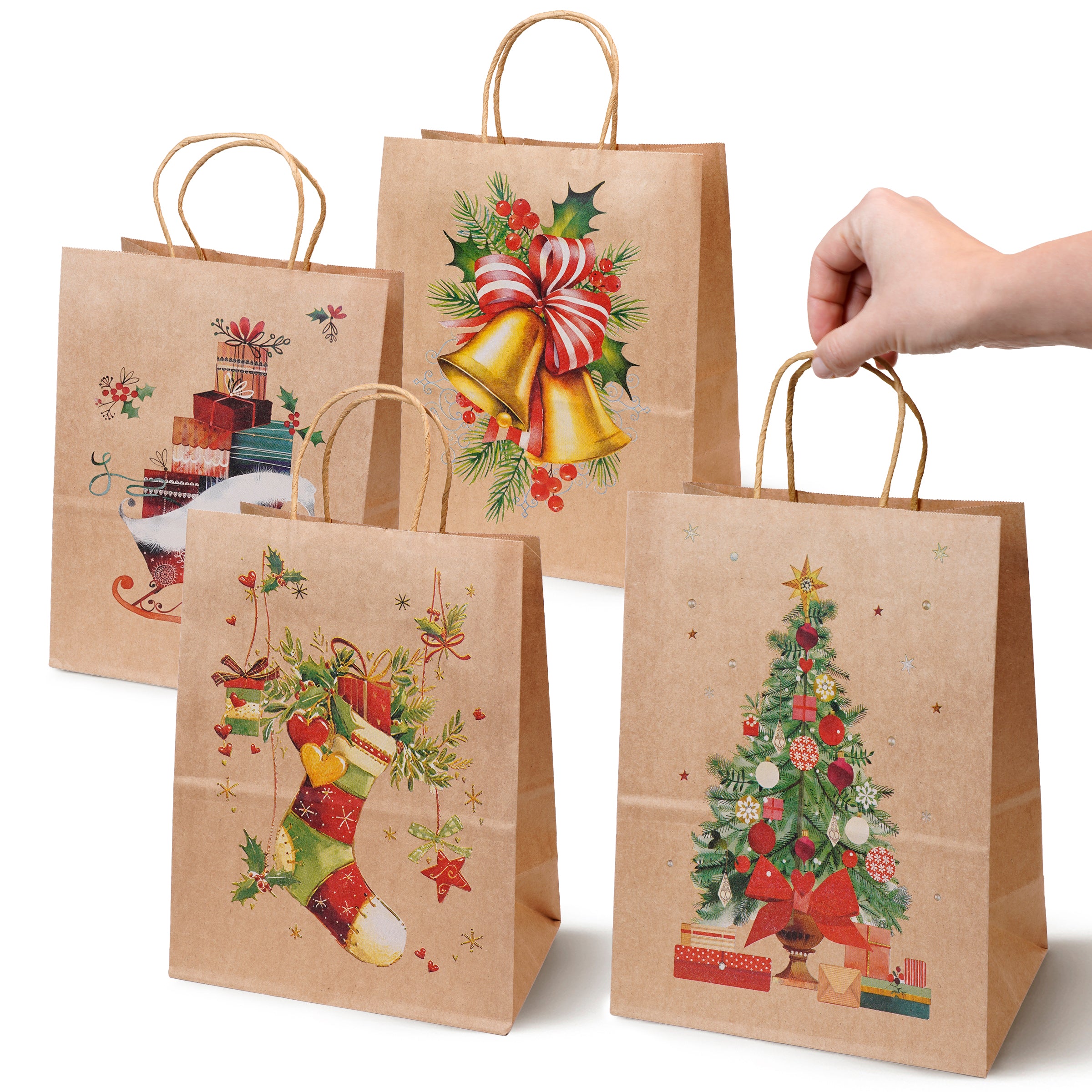 Torba Papierowa z uchwytem skręcanym 270x110x210mm brązowa wzór Choinki 4szt.