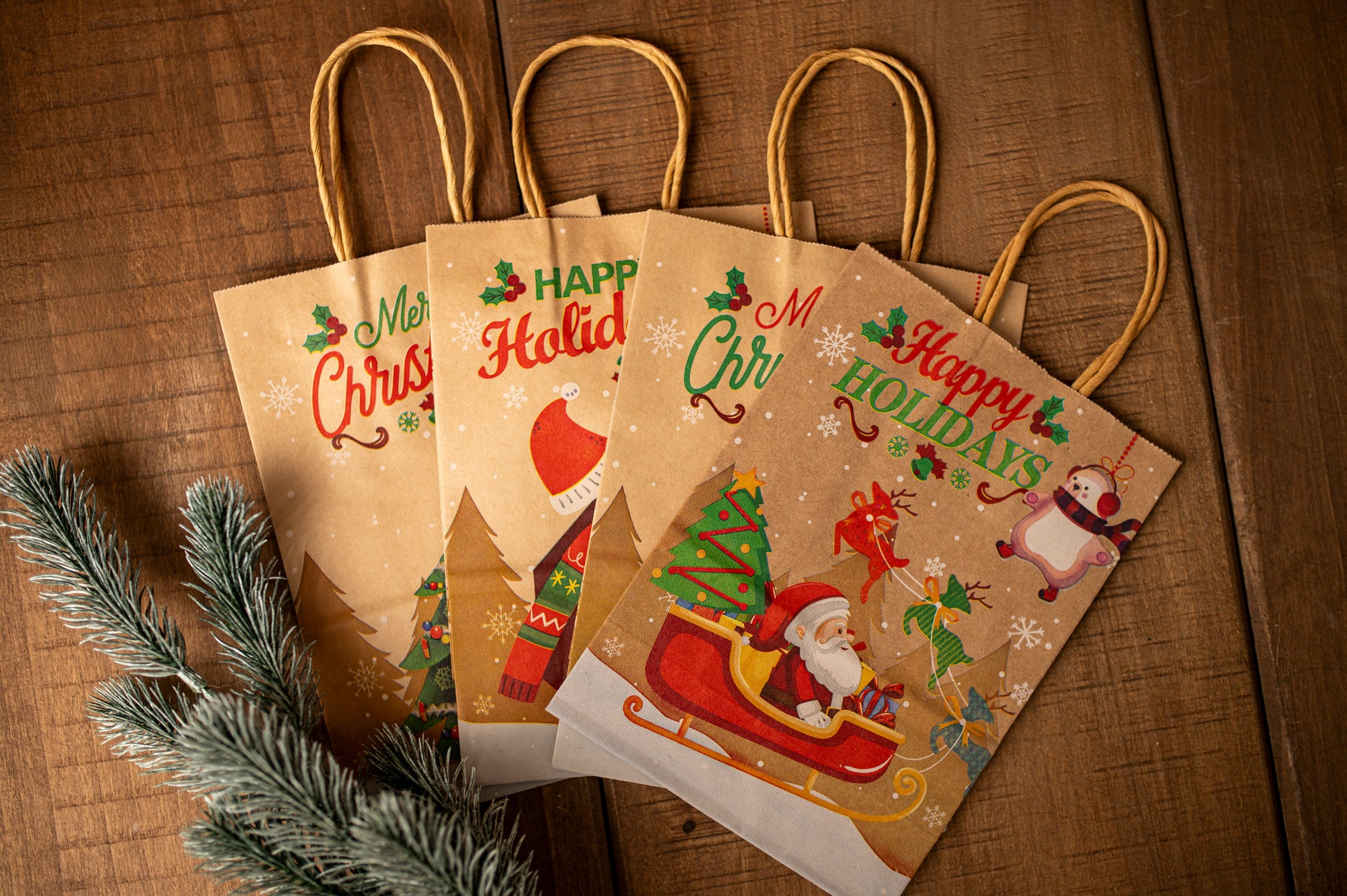Torba Papierowa z uchwytem skręcanym 330x120x260mm brązowa wzór Świąteczny 4szt.