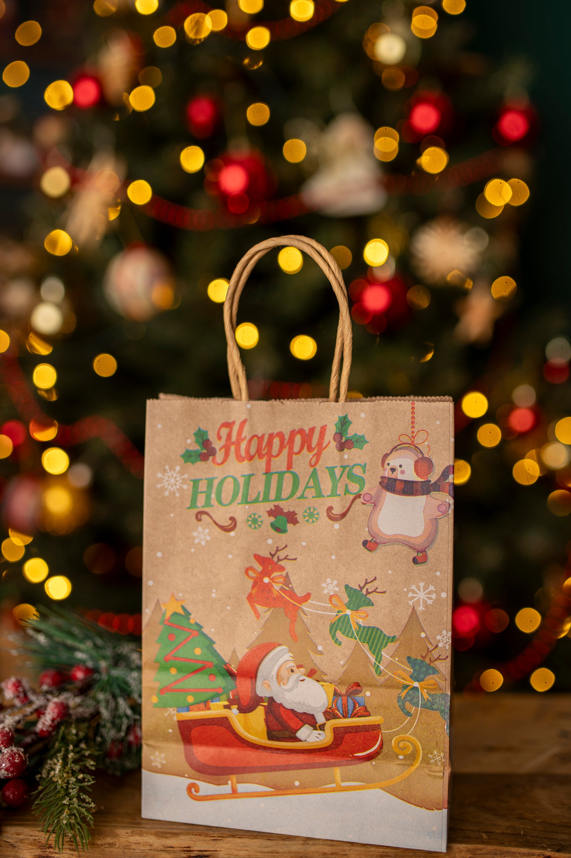 Torba Papierowa z uchwytem skręcanym 330x120x260mm brązowa wzór Świąteczny 4szt.