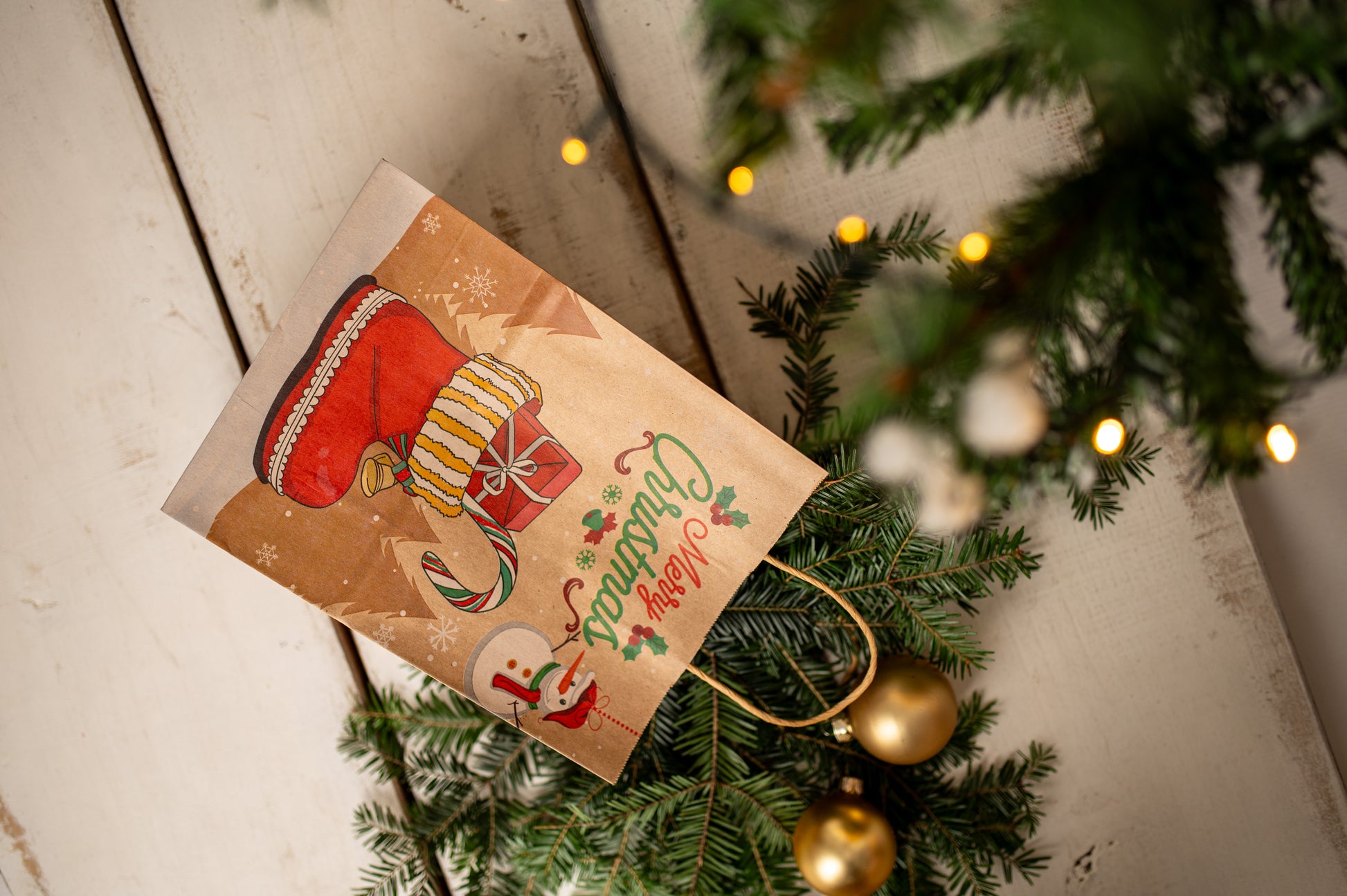 Torba Papierowa z uchwytem skręcanym 210x80x150mm brązowa wzór Świąteczny 4szt.