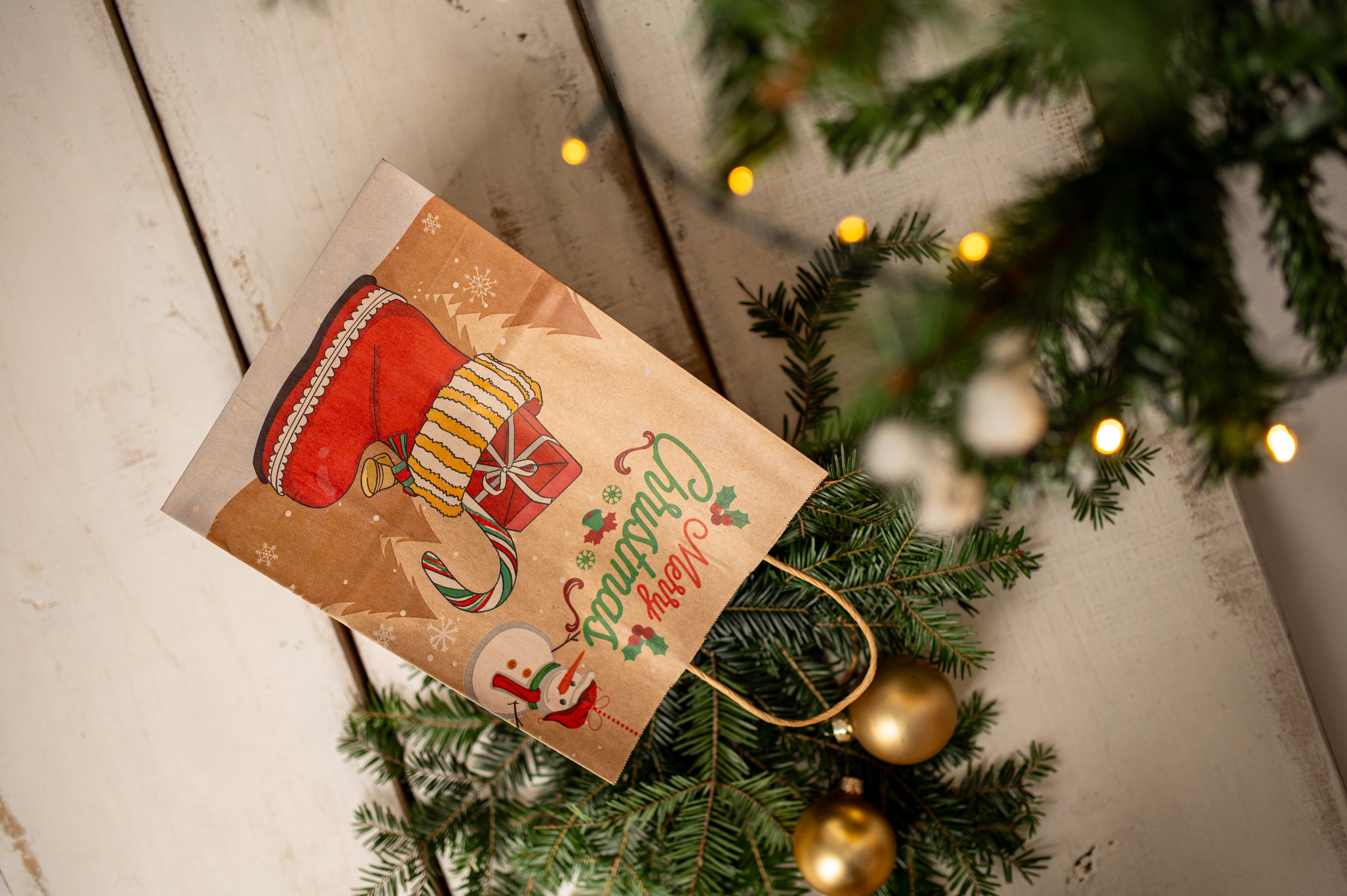 Torba Papierowa z uchwytem skręcanym 270x110x210mm brązowa wzór Świąteczny 4szt.