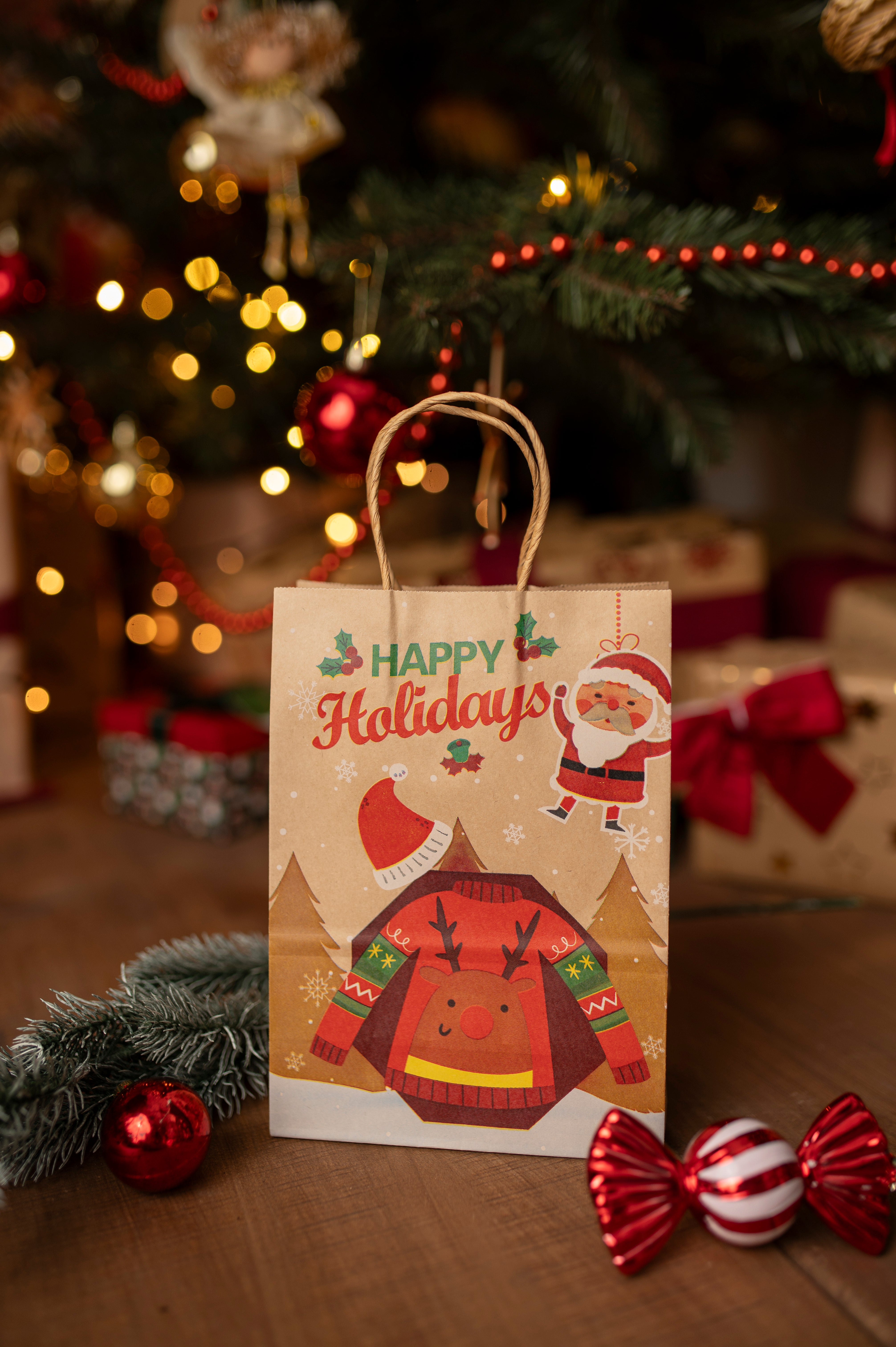 Torba Papierowa z uchwytem skręcanym 270x110x210mm brązowa wzór Świąteczny 4szt.
