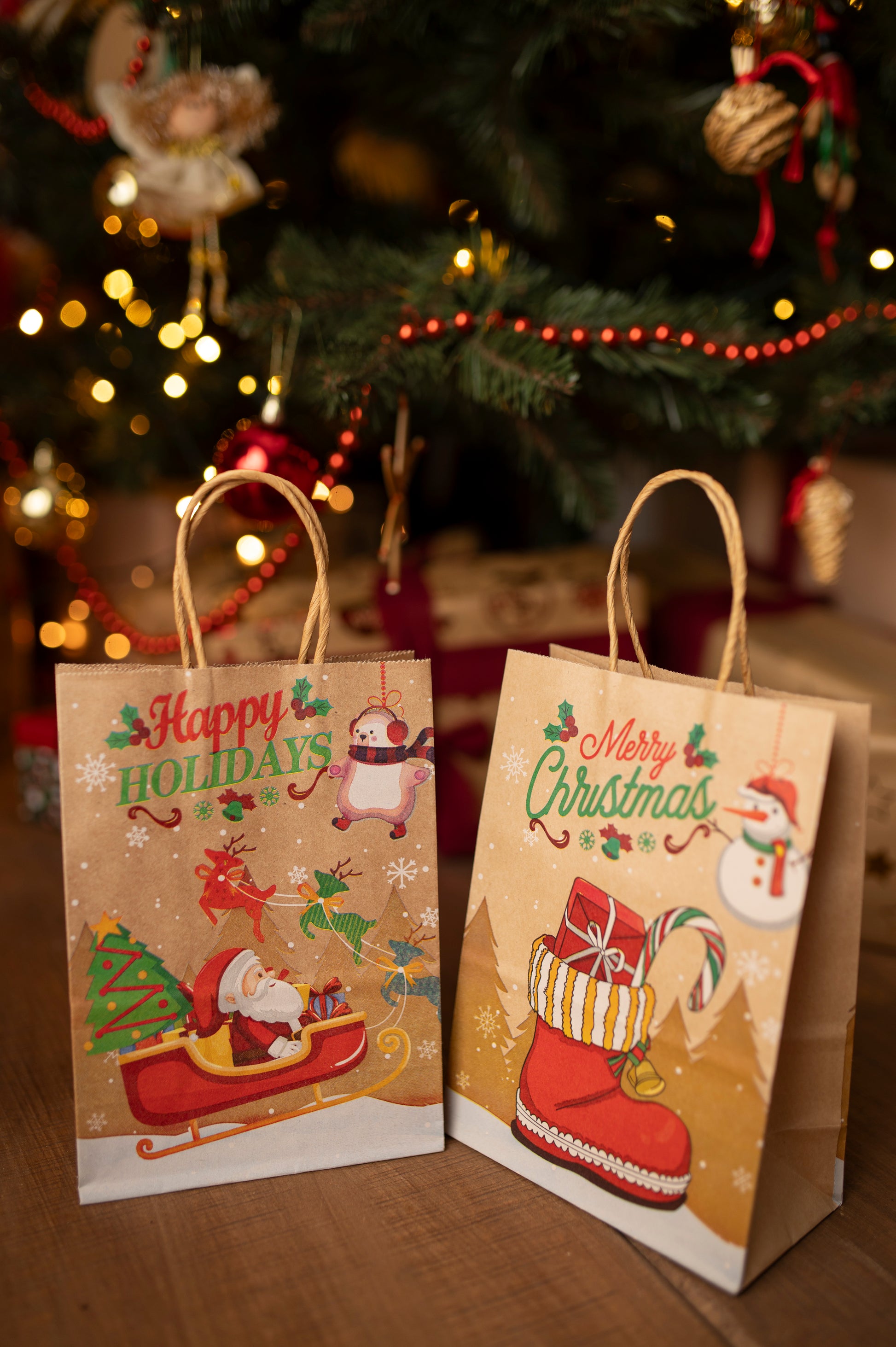 Torba Papierowa z uchwytem skręcanym 210x80x150mm brązowa wzór Świąteczny 4szt.