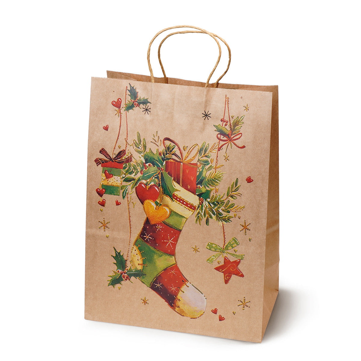 Torba papierowa świąteczna 260x120x330mm Skarpeta Choinka Dzwonek Prezenty 4szt.