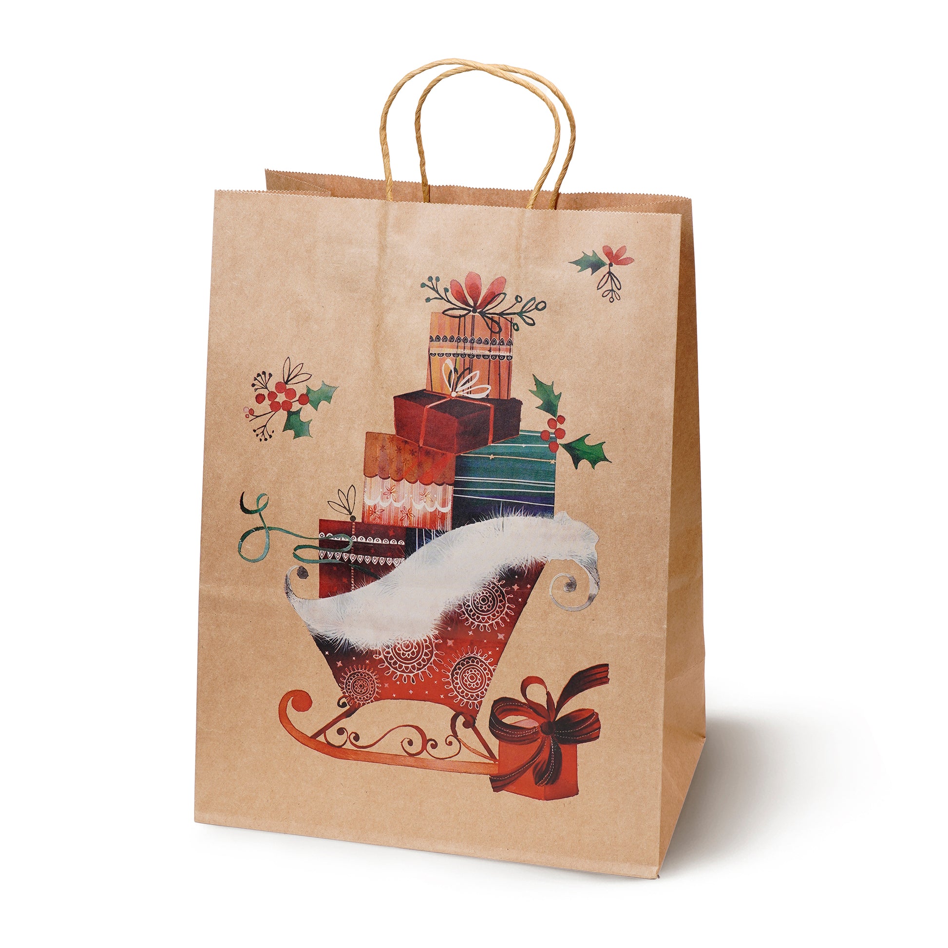 Torba Papierowa z uchwytem skręcanym 330x120x260 brązowa wzór Choinki 4szt.