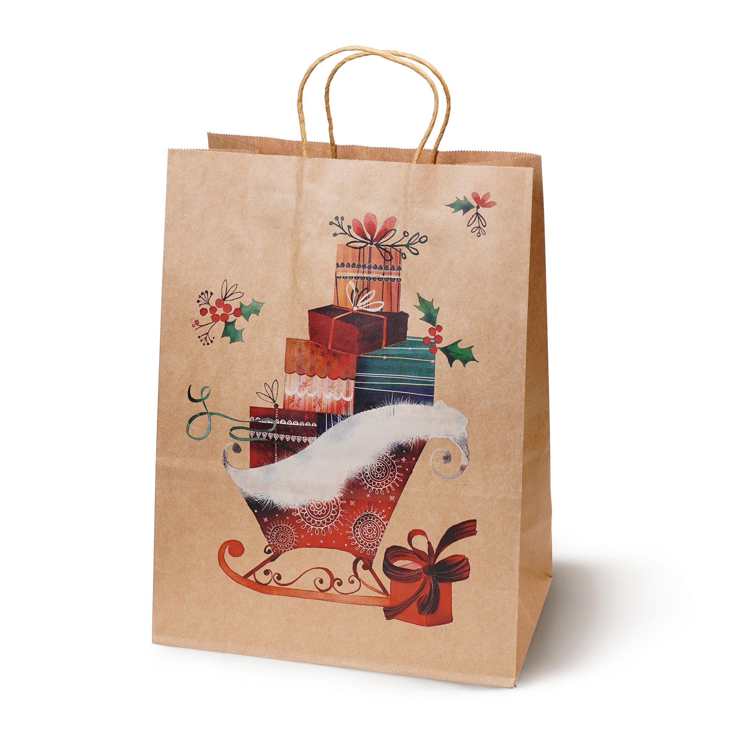 Torba Papierowa z uchwytem skręcanym 330x120x260 brązowa wzór Choinki 4szt.