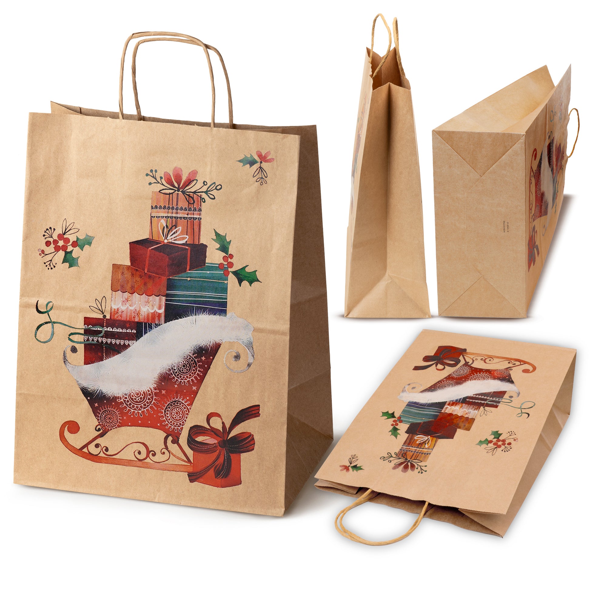 Torba Papierowa z uchwytem skręcanym 330x120x260 brązowa wzór Choinki 4szt.