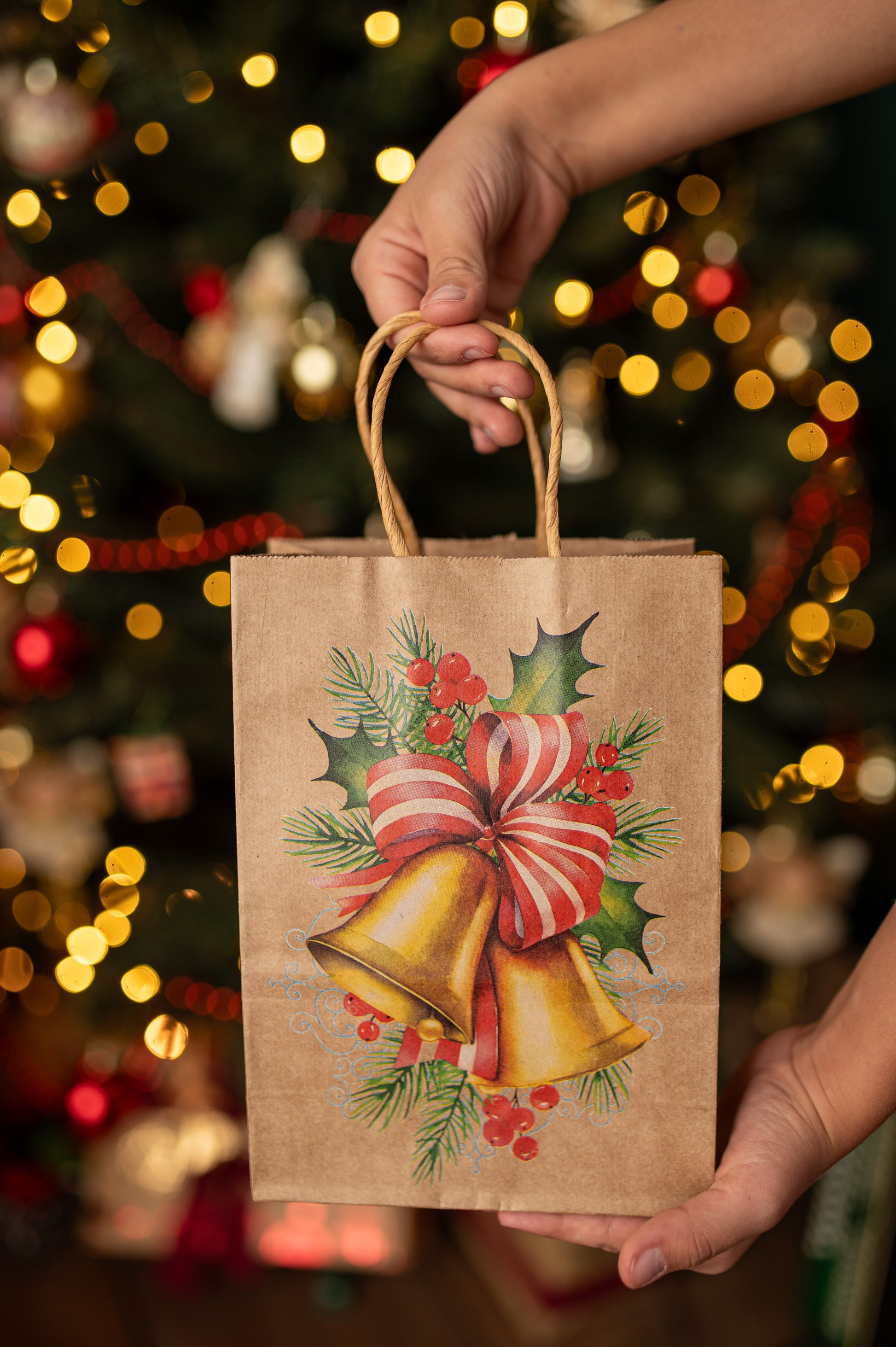 Torba Papierowa z uchwytem skręcanym 270x110x210mm brązowa wzór Choinki 4szt.