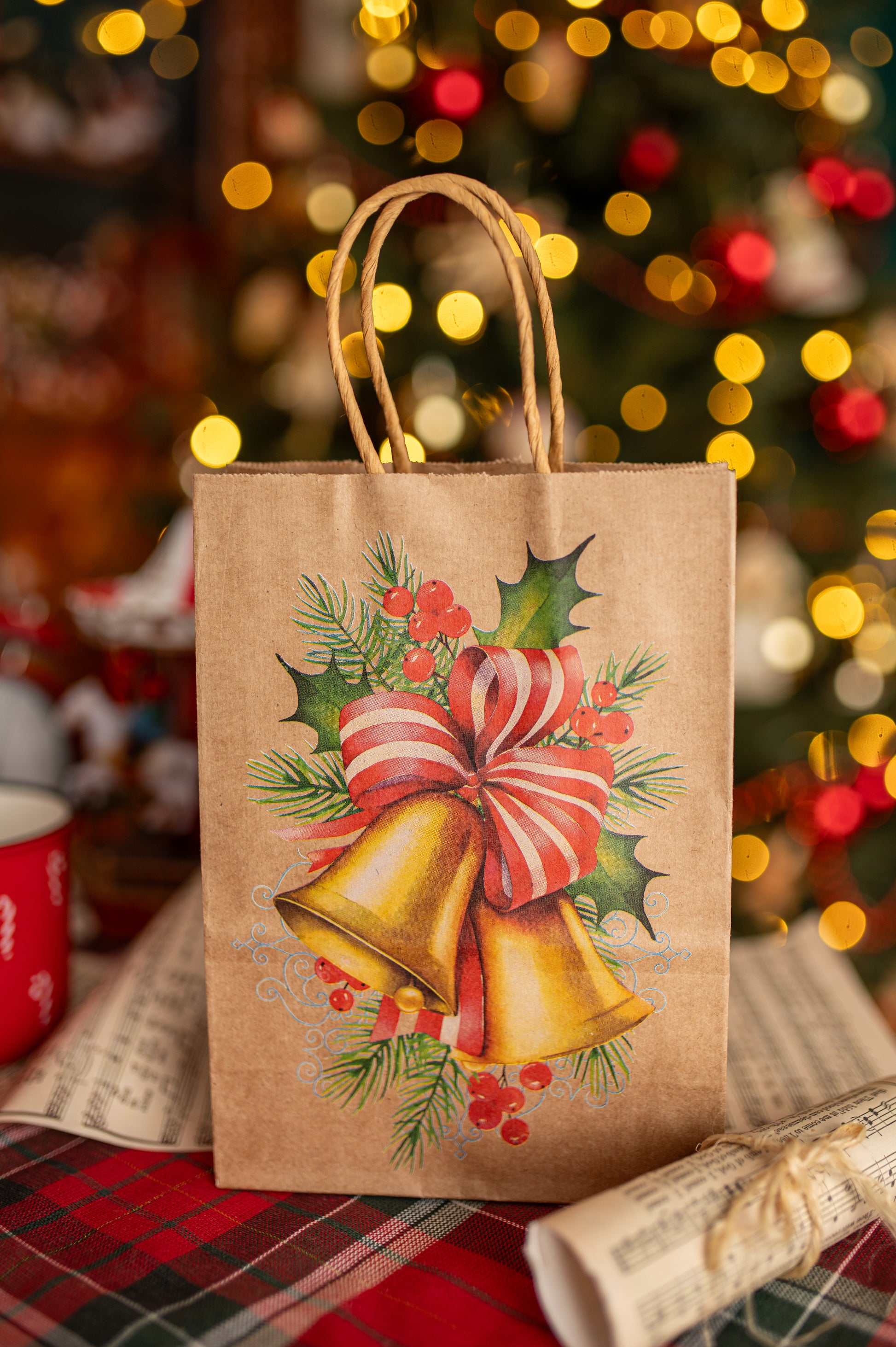 Torba Papierowa z uchwytem skręcanym 270x110x210mm brązowa wzór Choinki 4szt.