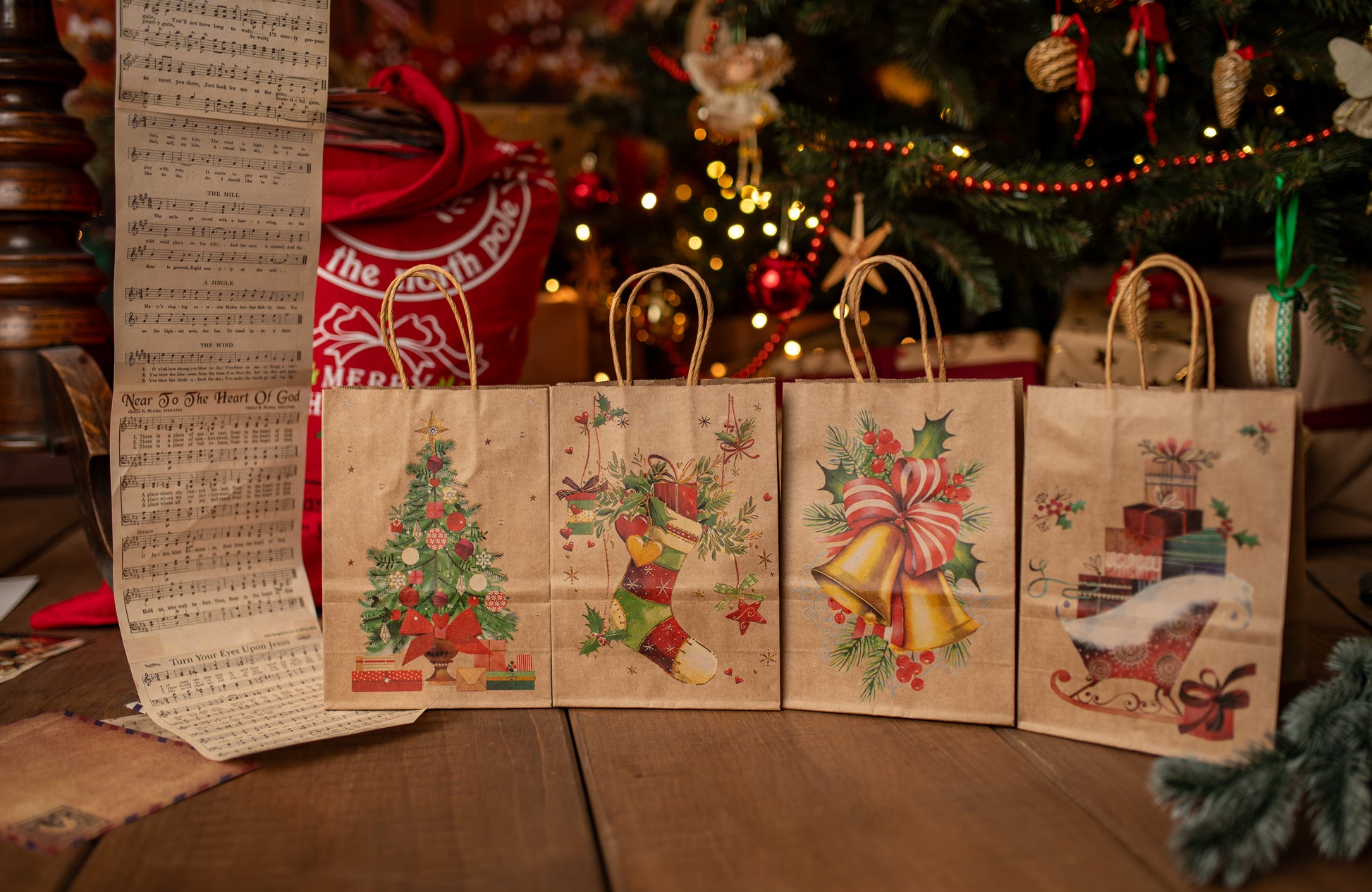 Torba Papierowa z uchwytem skręcanym 270x110x210mm brązowa wzór Choinki 4szt.