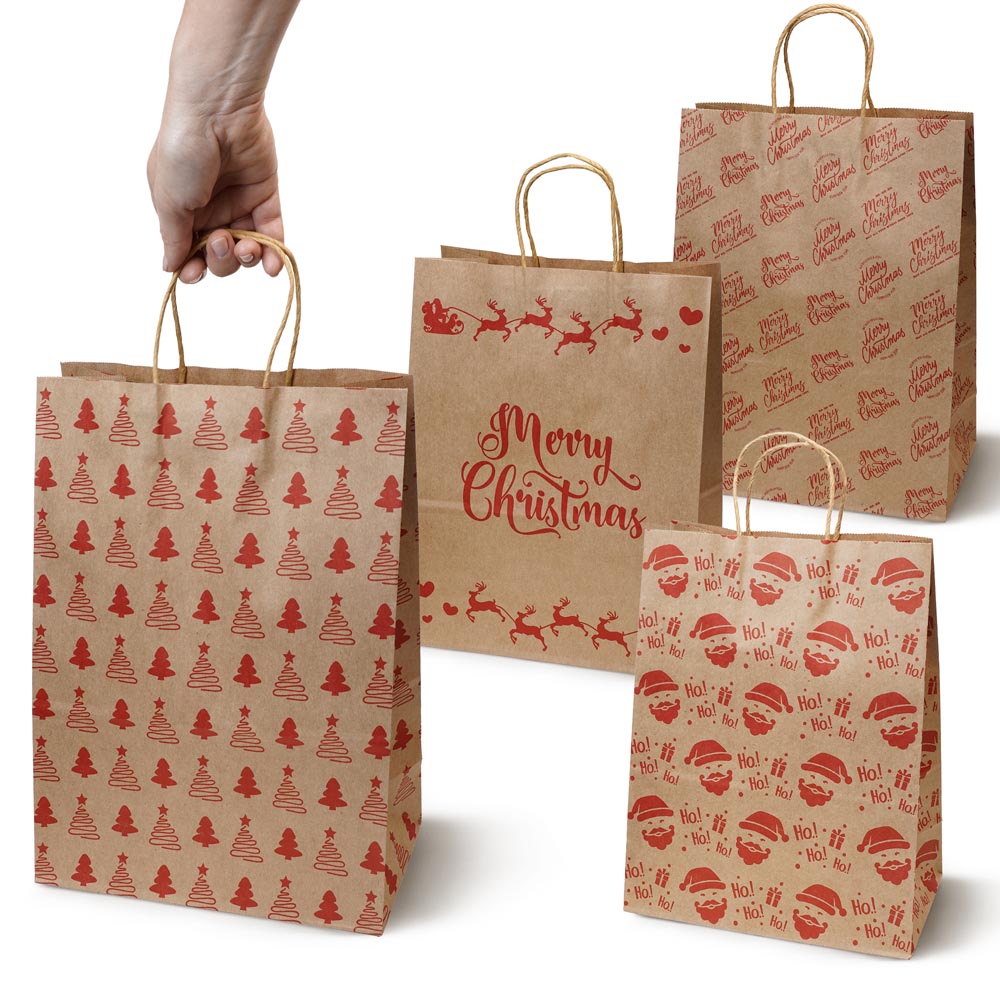 Torba Papierowa z uchwytem skręcanym 330x120x260mm brązowa wzór Świąteczny 4szt.