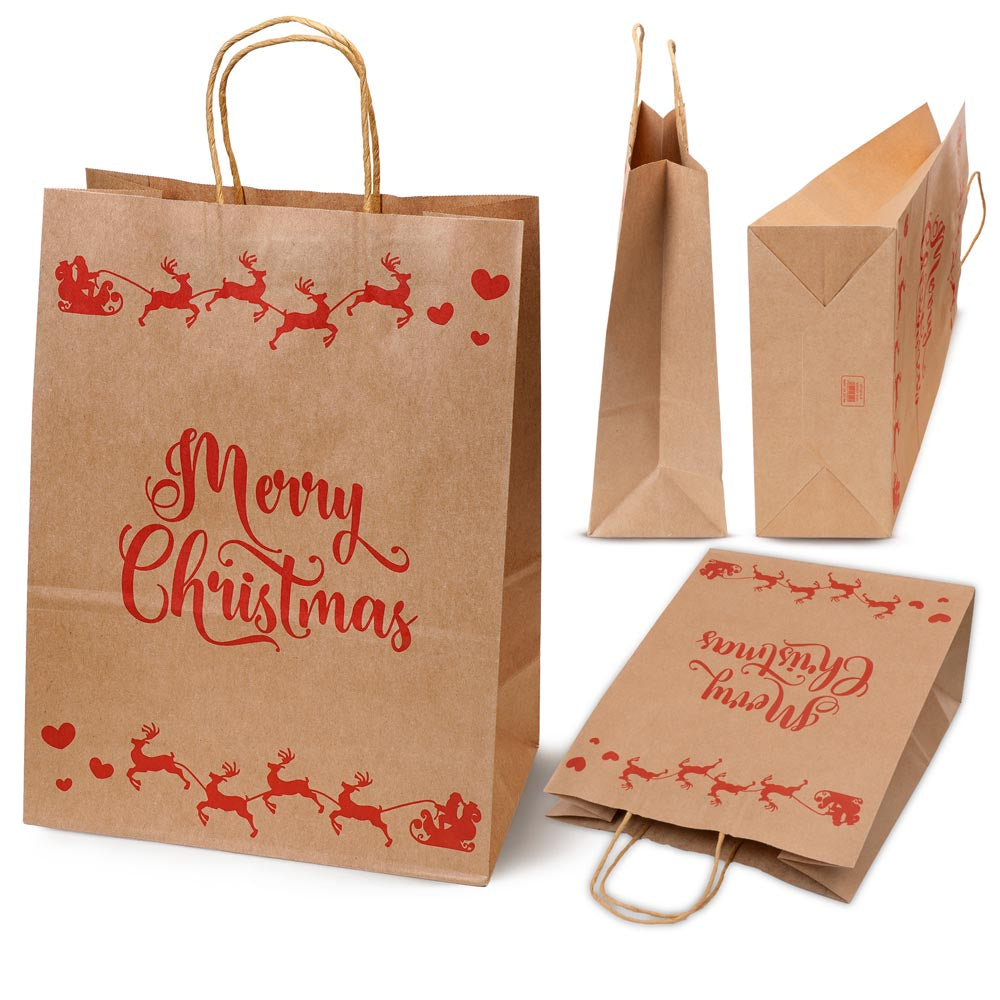 Torba Papierowa z uchwytem skręcanym 330x120x260mm brązowa wzór Świąteczny 4szt.