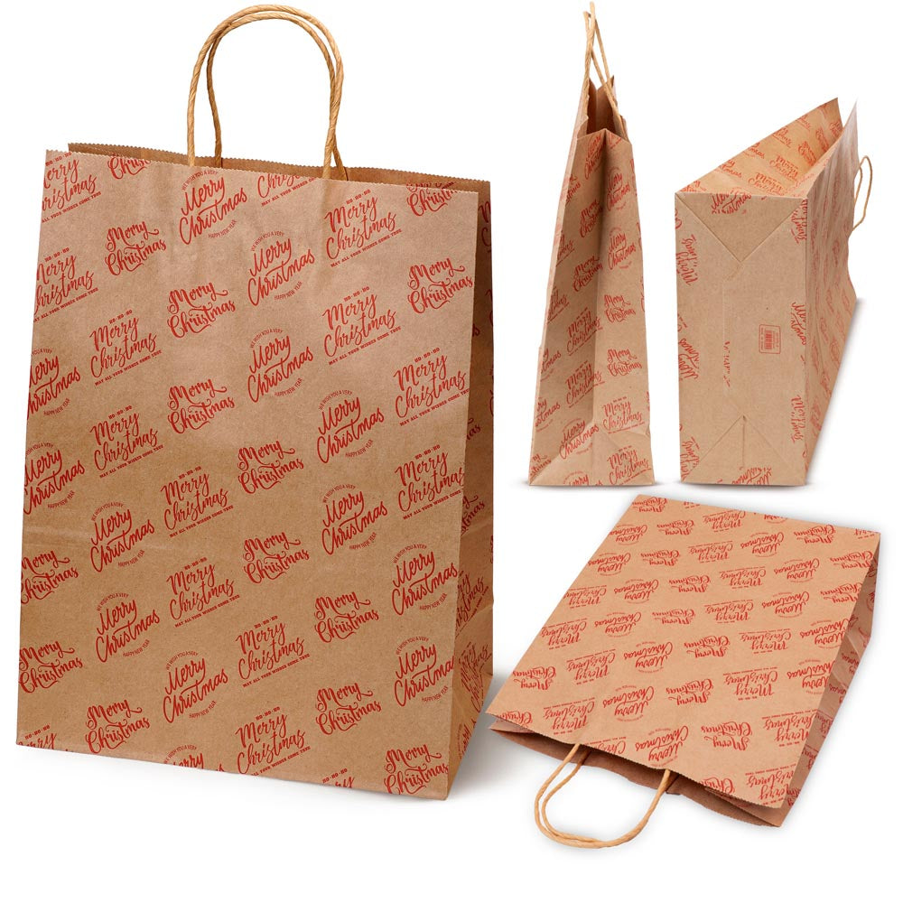 Torba Papierowa z uchwytem skręcanym 330x120x260mm brązowa wzór Świąteczny 4szt.