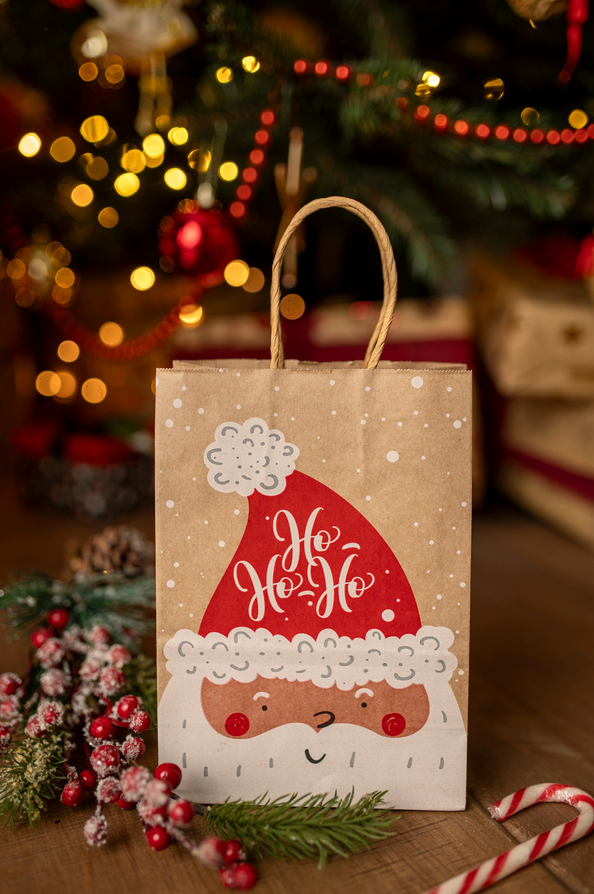 Torba Papierowa z uchwytem skręcanym 210x80x150mm brązowa wzór Świąteczny 4szt.