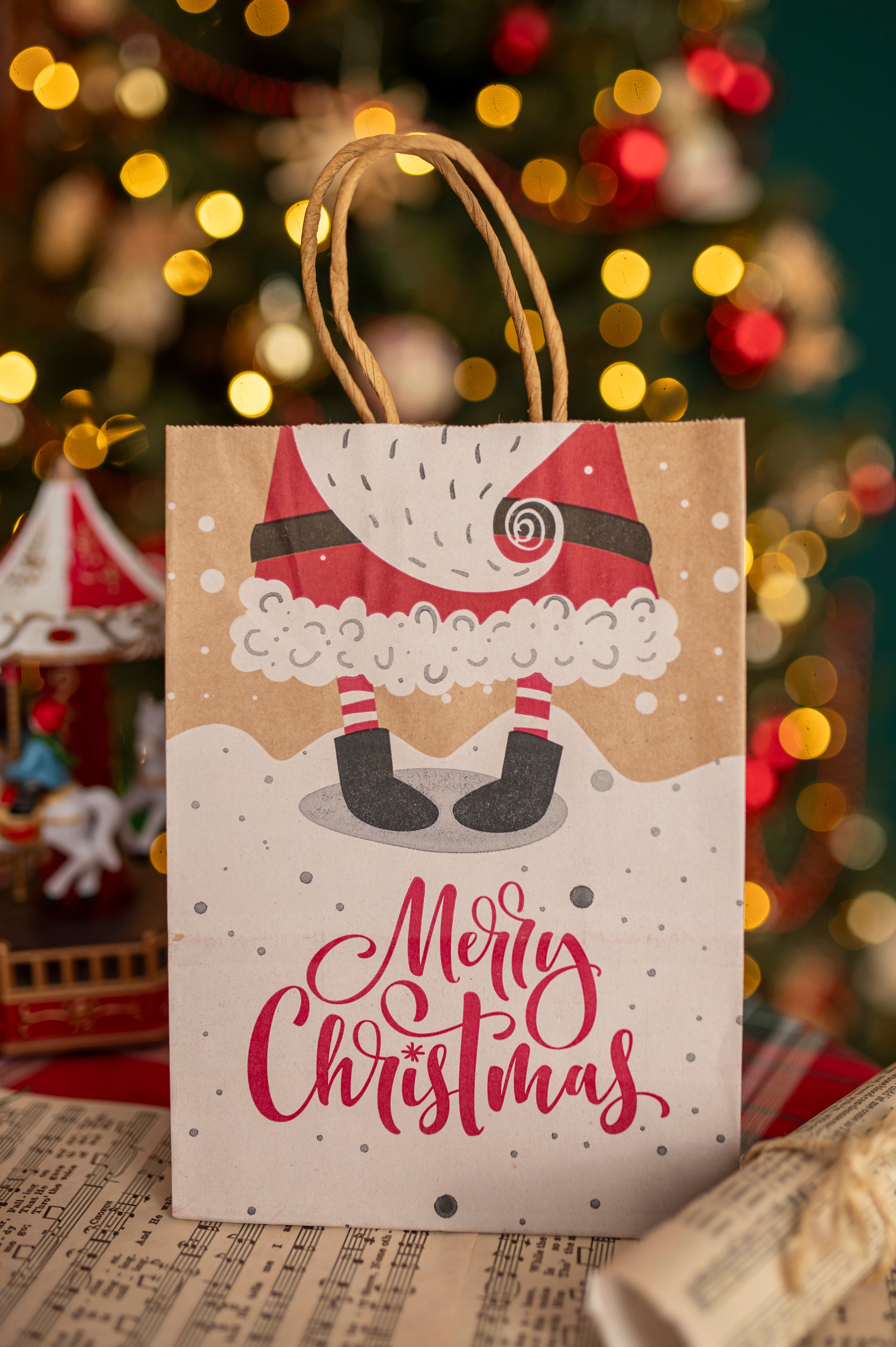 Torba Papierowa z uchwytem skręcanym 210x80x150mm brązowa wzór Świąteczny 4szt.