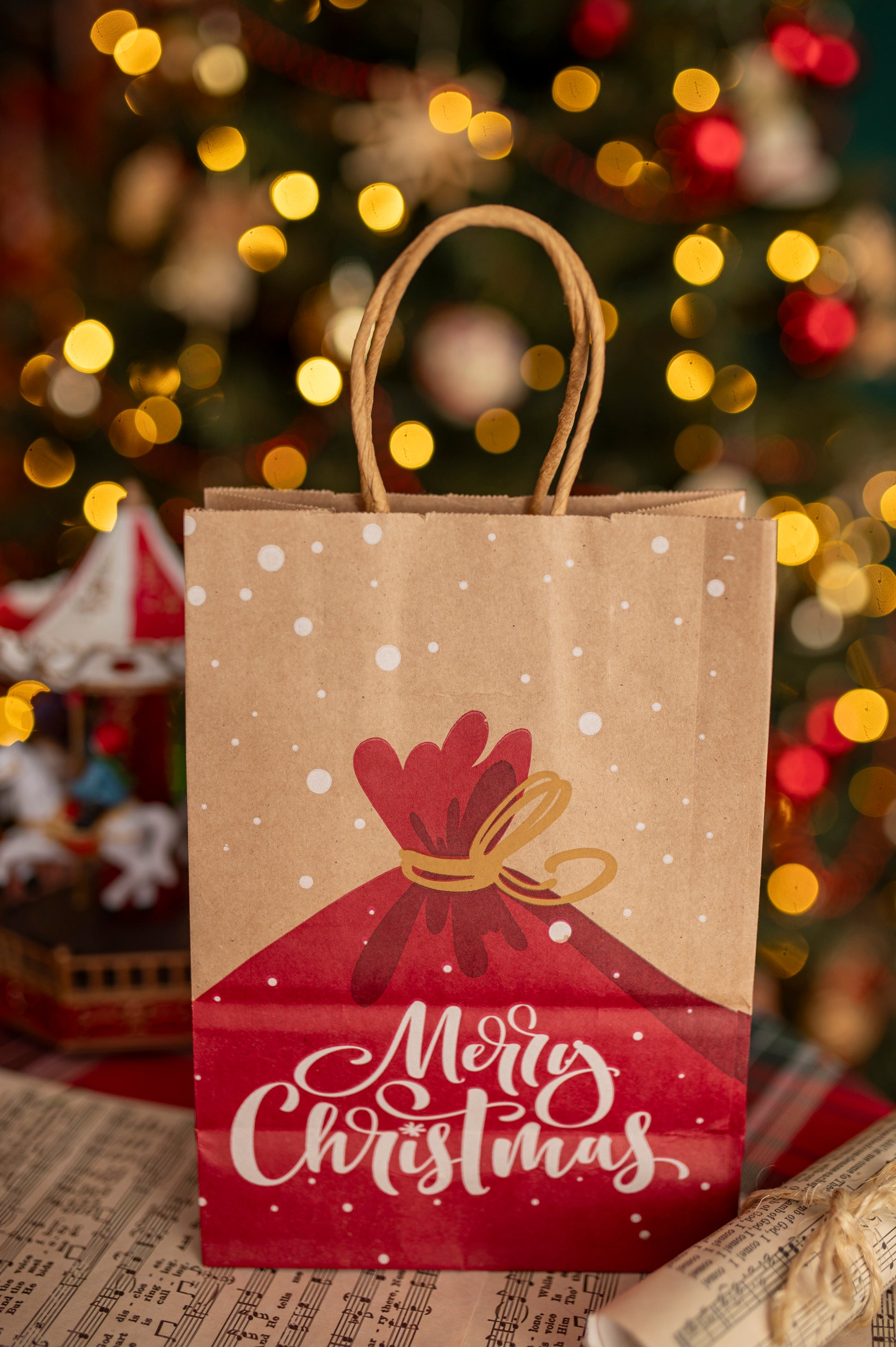 Torba Papierowa z uchwytem skręcanym 270x110x210 brązowa wzór Świąteczny 4szt.