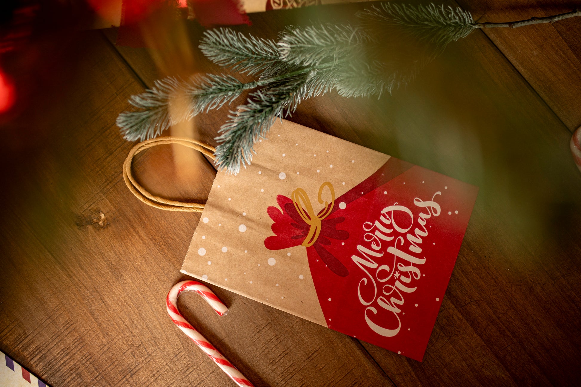 Torba Papierowa z uchwytem skręcanym 270x110x210 brązowa wzór Świąteczny 4szt.