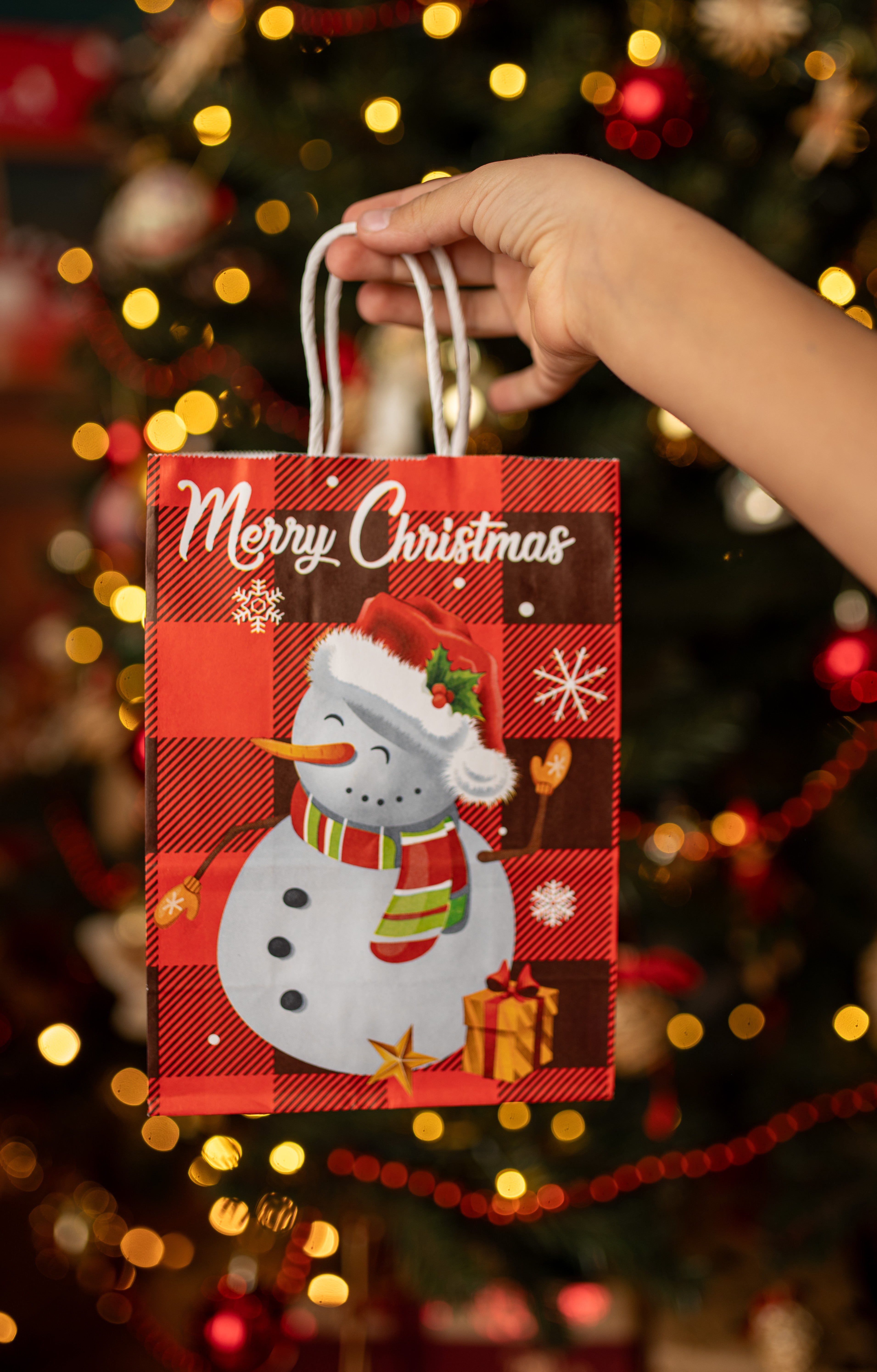Torba Papierowa z uchwytem skręcanym 330x120x260mm czerwona krata wzór Świąteczny 4szt.