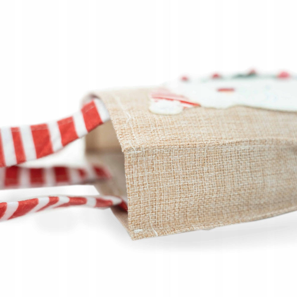 Torba Jutowa 15x4x19cm Beżowa z Mikołajem Czerwone Uchwyty w Paski