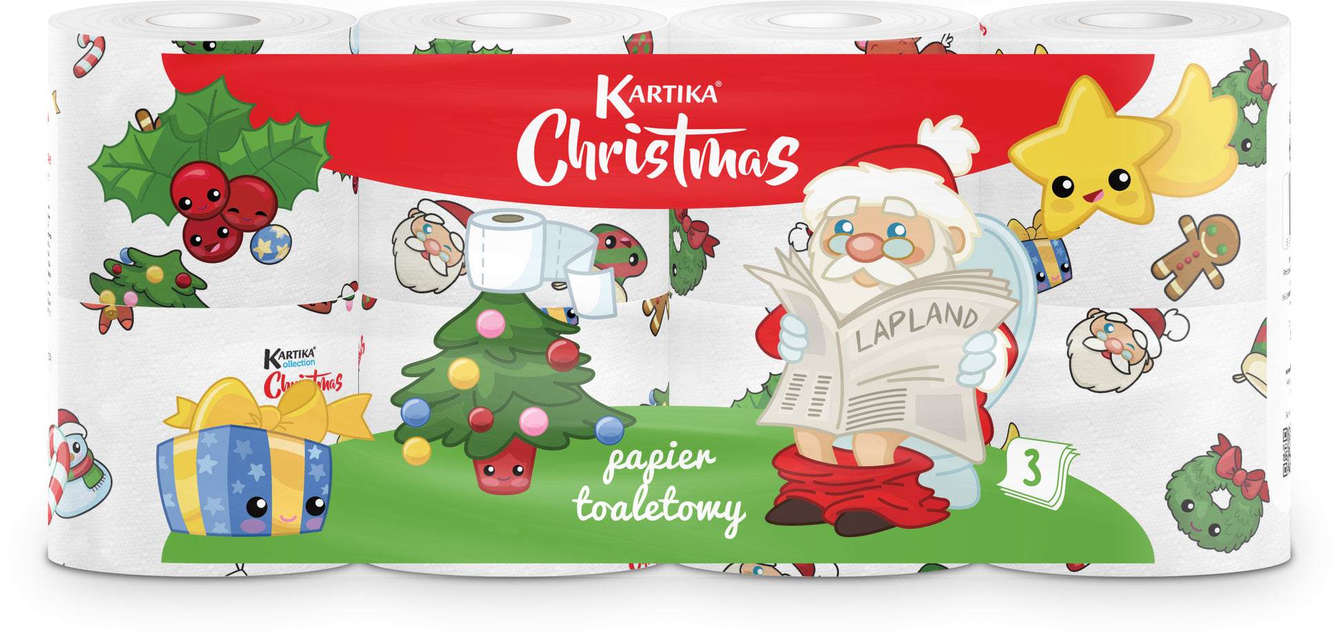 Papier toaletowy świąteczny 3-warstwowy 8 rolek, wzór Mikołaj Kartika