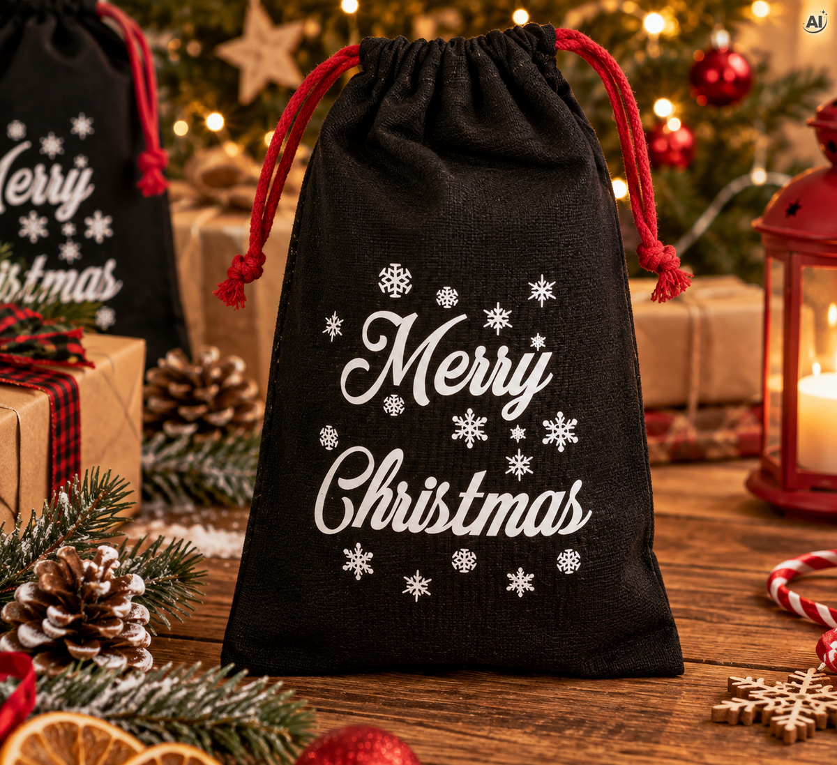 Świąteczny worek bawełniany 150x300 mm Czarny Merry Christmas