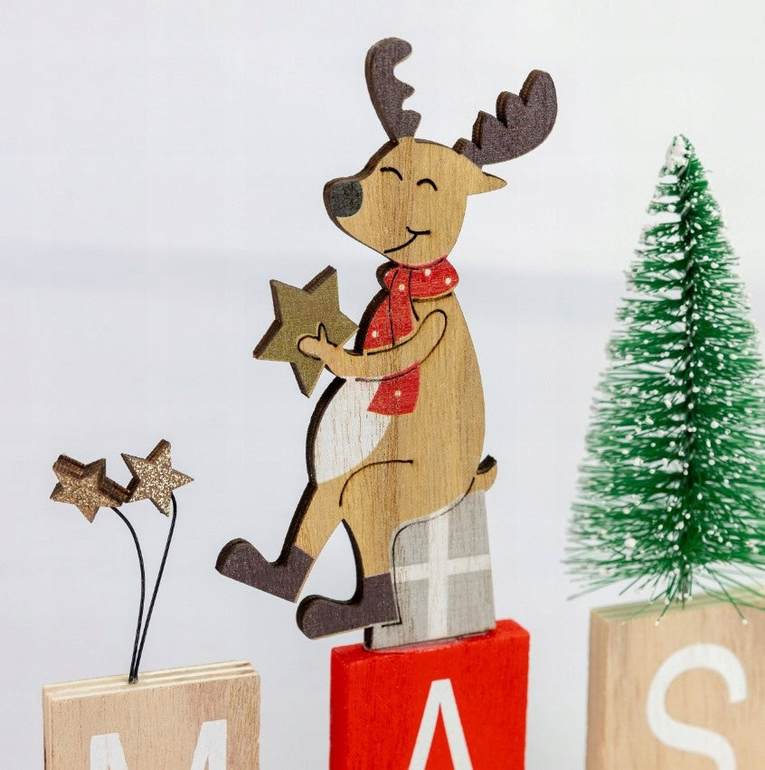 Drewniana figurka świąteczna XMAS z choinką ozdoba stojąca 18,5cm
