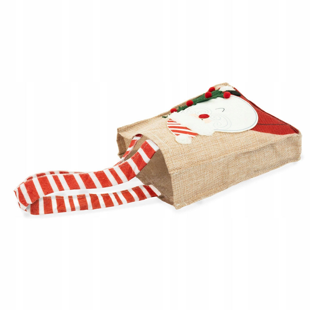 Torba Jutowa 15x4x19cm Beżowa z Mikołajem Czerwone Uchwyty w Paski