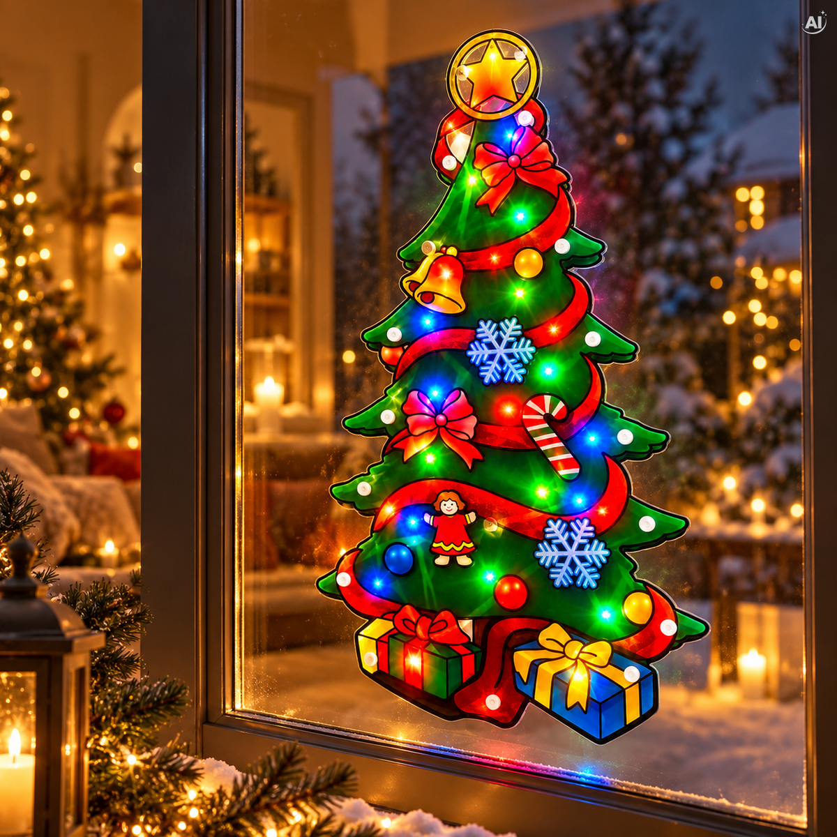 Świecąca choinka LED na szybę, witraż RGB 44 cm