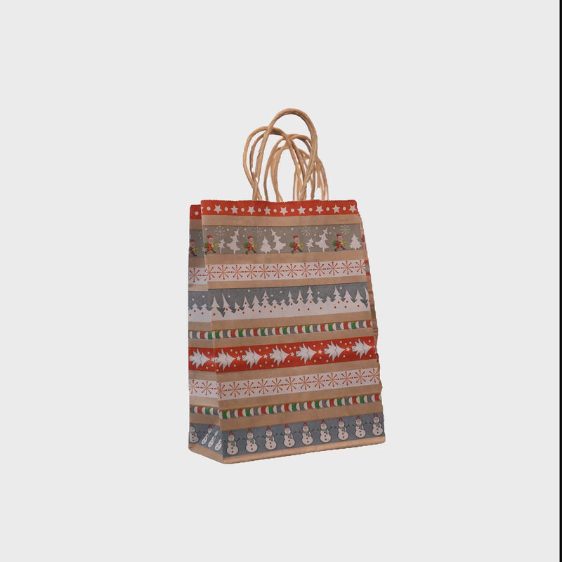 Torba Papierowa z Uchwytem Skręcanym 330x120x260mm Brązowa Wzór Świąteczny 4szt.